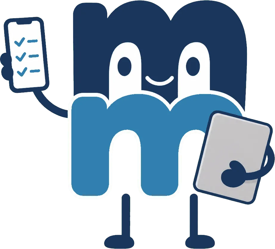 MuddleMend mascot holding a phone with a checklist and a tablet